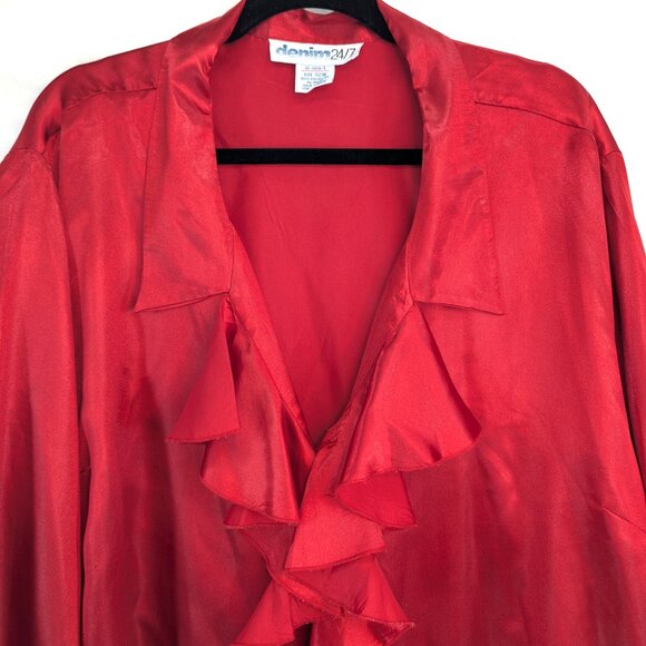 denim 24/7 Women Plus Size Red Blouse Tunic Ruffle Front Bell Sleeve Size 32W - Picture 2 of 10